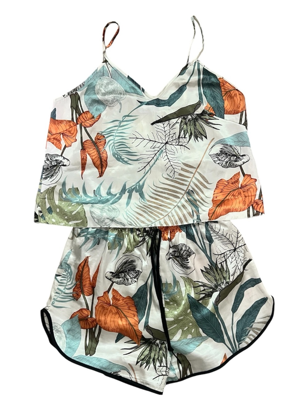 Floral Print Satin Two-Piece Set - Orange & Teal